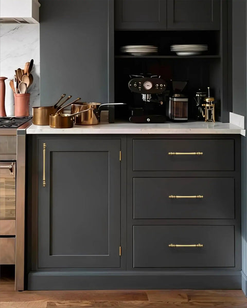 Top Shelf Brushed Brass Cabinet Handles 5 Inch Kitchen Pulls Hella Sturdy Zinc Alloy Rustproof Drawer Knobs Smooth Touch Anti Smudge Finish Total Game Changer For Kitchens And Vanities 10 Pack on dark cabinetry.