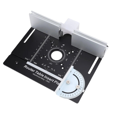 Rock Solid Router Table Lift System Featuring Hella Precise Hand Crank Adjustment And Heavy Duty Anodized Aluminum Alloy Insert Plate, top view with measuring scale.