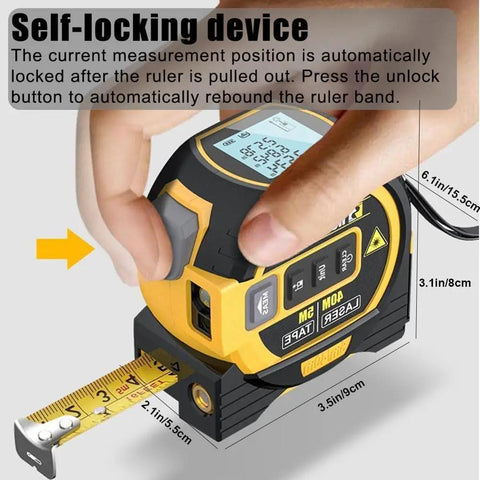 Built Tough 3 In 1 Laser Tape Measure With 130 Foot Range And 16 Foot Digital Ruler showing self-locking mechanism and digital display features.