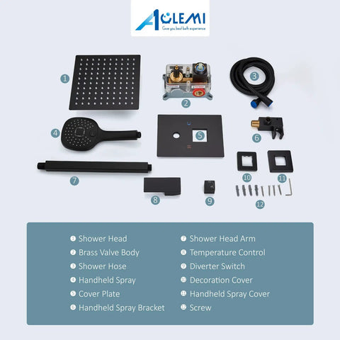 Ceiling Mount Shower System With 10 Inch Matte Black Rain Shower Head And ABS Handheld Spray 3 Functions, parts layout