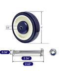 5 Inch Polyurethane Shopping Cart Wheels Four Pack With Stepped And Full Tread Face And Double Ball Bearing Heavy Duty 1400 Lb Capacity Replacement Carts For Grocery Stores And Restaurants Smooth Rolling Durable Construction, side view with bolt and nut dimensions.