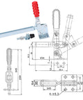 Beefy Vertical Toggle Clamp With Quick Release For Lengthened Fixture And Precise Workholding High Strength Metal Construction Ergonomic Design Iron Galvanized Durable Industrial Clamp For Fabrication And Assembly Tasks in schematic view highlighting dimensions and design features.