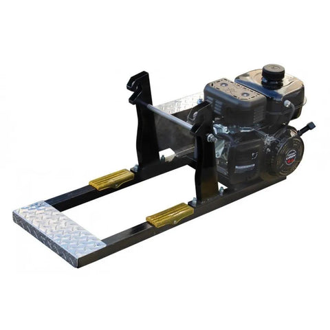 Heavy Duty 400 Pound Ladder Hoist With 28 Foot Reach, Lifan Motor Driven, Industrial Steel Rig, Non Slip Deck viewed from the side.