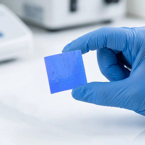Hand holding cobalt glass filter from Flame Test Kit For Precise Potassium Identification With Cobalt Glass Filter Sheet And Metal Alloy Wire Loop Reducing Sodium Interference In Chemistry Labs And Science Education