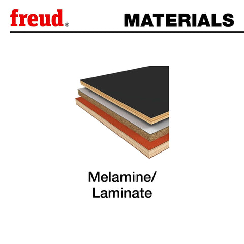 Cross-section illustration of melamine and laminate layers with Freud logo and 'MATERIALS' text above.