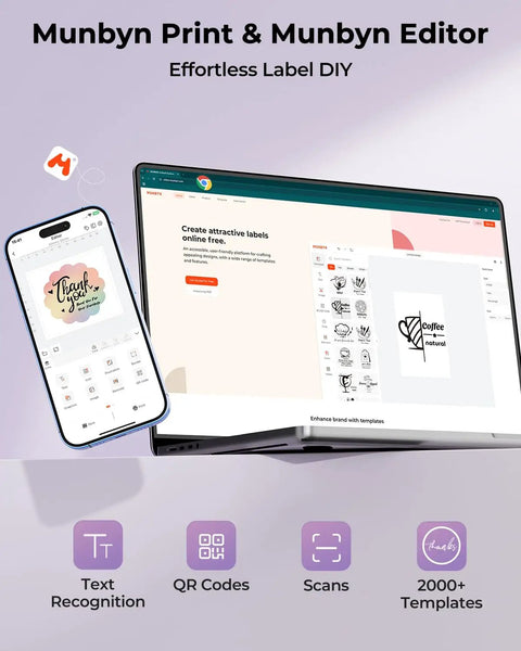 Smartphone and laptop showing Munbyn Print for label creation, text recognition, QR code generation, and 2000+ templates.