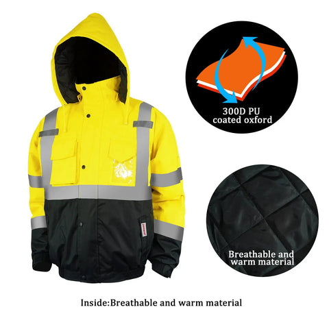 High Visibility Reflective ANSI Class 3 Bomber Jacket for Men Waterproof Safety Workwear Yellow Large front view with material details