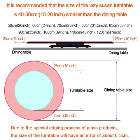 Diagram showing dimensions for Solid Wood Lazy Susan Turntable Round Rotating Serving Tray For Kitchen And Dining Table.