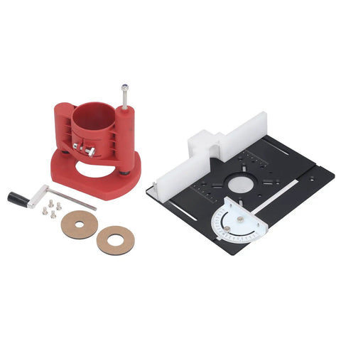 Heavy Duty Router Table Insert Kit With Precision Adjustable Lift System And Reinforced Base Plate For Woodworking Bench Upgrade parts including red lift mechanism and black base.