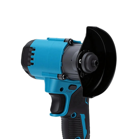 Badass 2 In 1 Mini Cordless Angle Grinder Meets Slick Brushless Circular Saw with black guard and blue body for precise cutting.