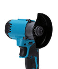 Heavy Duty Cordless Mini Circular Saw and Angle Grinder With Brushless Motor Running 12000 RPM side view with safety guard.