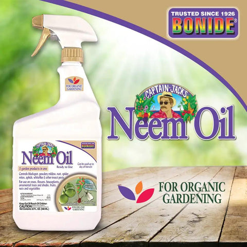 Top Shelf Ready To Use Neem Oil Garden Spray, 32 Ounce bottle featuring a trigger spray for organic gardening.