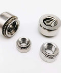 Built Tough 304 Stainless Steel Self Clinching Nuts With Press Insert Rivet Nut Design For Budge Proof Grip Metric sizes M2 M3 M4 M5 M6 M8 M10 in varying sizes.