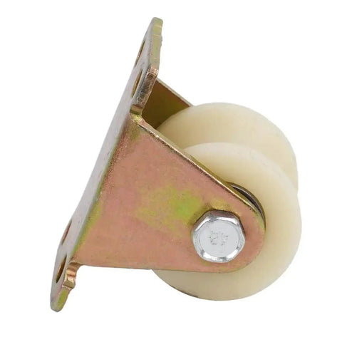 Hella Tough Nylon Grooved Roller And Track Pulley For Electric Sliding Gates And Fences Featuring Rock Solid Load Bearing Capacity With Killer Impact Resistance And Smooth Operation In V 30Mm And U 30Mm Sizes For Daily Use, showing dual nylon wheels with metal bracket.