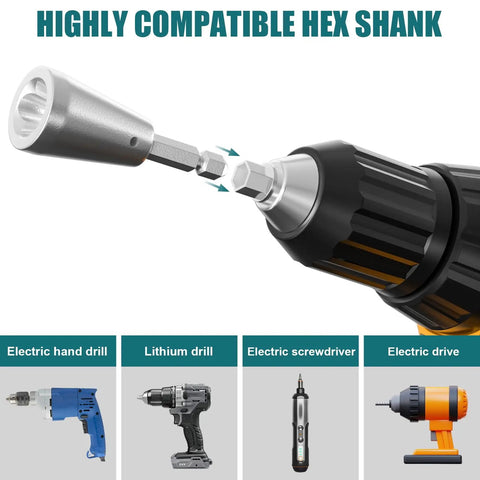Pro Grade Heavy Duty Wire Nut Twister Drill Bit Attachment Rock Solid Two Piece Set showing compatible hex shank for drills.