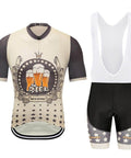Cycling jersey and bib shorts set with beer logo design in cream and black colors, featuring short sleeves and star patterns.