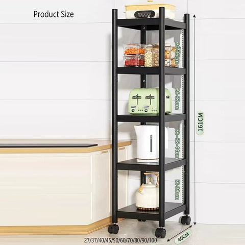 Five Tier Carbon Steel Storage Rack With Smooth Rolling Wheels Heavy Duty Metal Shelving Unit Extra Thick Frame Roomy Organizer For Home Office Pantry Entryway Black product size dimensions and storage items in kitchen setting