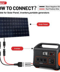 Built Tough 50A Solar Panel Connector With 10AWG Tinned Copper Extension Cable For Solar Generators Inverters And Battery Pack Chargers Five Foot Cord Length connected to a solar panel and inverter.