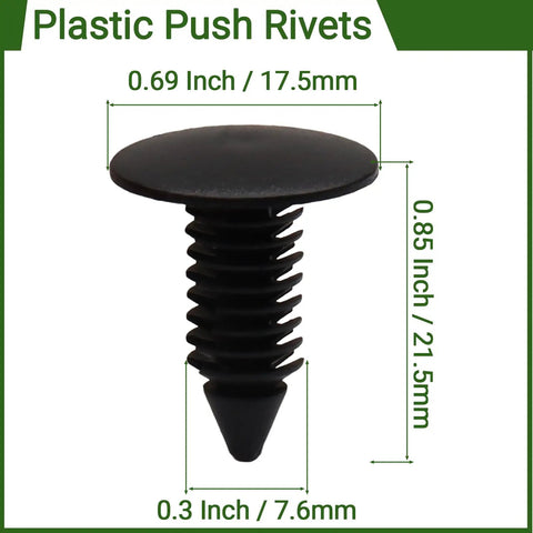 Built Tough Plastic Push Rivet Clips For Auto Bumper Fender Trim Panels Universal Seven Millimeter Snap Fit No Sweat Install Rock Solid Hold Durable Black Two Hundred Pack close-up image showing dimensions and design.