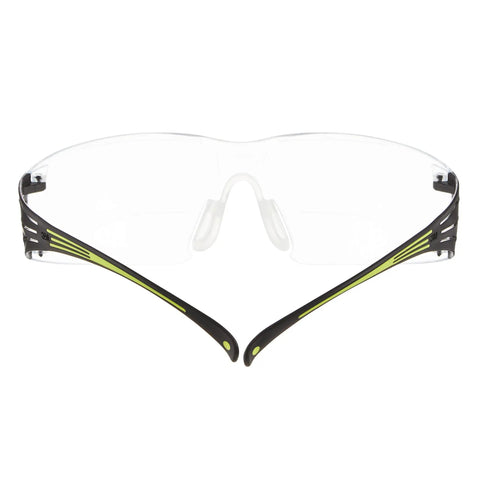 Straight Up Tough Prescription Safety Glasses With Plus Two Point Zero Diopter Reading Aid And Anti Scratch Anti Fog Clear Coating front view with black and lime green accents.