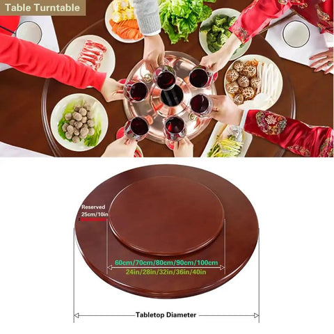 Image of 36 Inch Rotating Lazy Susan Serving Tray, solid wood turntable on dining table with dishes and drinks.