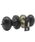 Slick Egg Style Privacy Knobs Keyless Interior Door Handles Matte Black Stainless Steel Finish adjustable latch view of knob and latch mechanism.