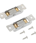 Heavy Duty Sliding Window Roller With Dual Copper Wheels And Stainless Steel Construction For Effortless Patio Door Slide No Sweat To Replace And Built Like A Tank, close-up view of rollers and screws.