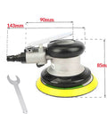 Portable 5 Inch Random Orbital Air Sander Polisher With 10000 RPM Low Noise Ergonomic Grip For Cars Glass Furniture Plastics And Paint Polishing Buffing And Waxing Faster Than Hand Polishing in side view with dimensional measurements next to a wrench