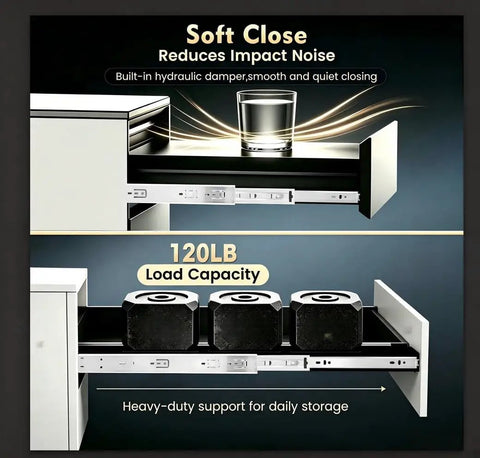 120 Lb Heavy Duty 22 Inch Side Mount Drawer Slides Full Extension Soft Close Glides image showing smooth quiet hydraulic closing.