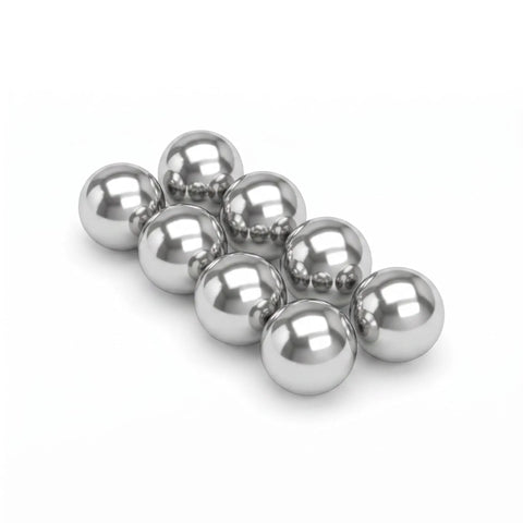 Premium Heavy Duty Carbon Steel Replacement Spheres Half Inch Diameter Rock Solid Build Eight Piece Pack arranged in a row.