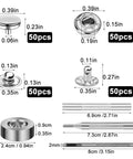 Top Shelf 50 Pair Leather Snap Fastener Kit 10Mm Silver Metal Snaps Straight Up complete with various snap sizes and tools for repairs.