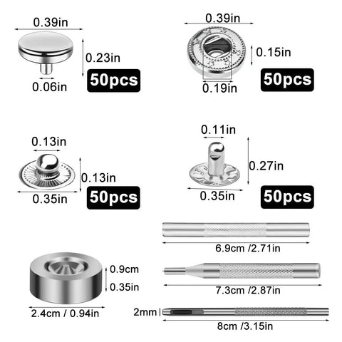Top Shelf 50 Pair Leather Snap Fastener Kit 10Mm Silver Metal Snaps Straight Up complete with various snap sizes and tools for repairs.