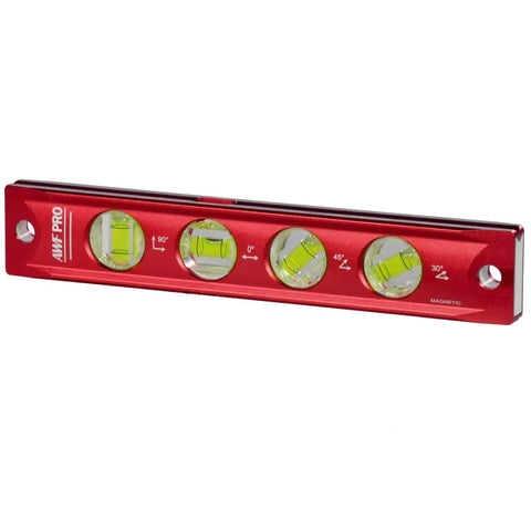 Hella Precise Laser Distance Measuring Kit With Slick Carry Case For Jobsite Tasks showing a magnetic red level with four bubbles.