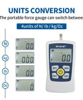 Portable Digital Force Gauge Push Pull Meter With Instant Newton Pound Kilogram Ounce Conversion features four display units.