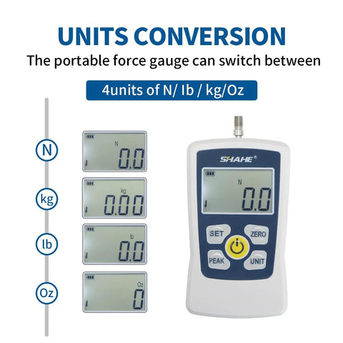 Portable Digital Force Gauge Push Pull Meter With Instant Newton Pound Kilogram Ounce Conversion features four display units.
