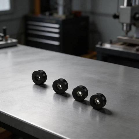 Tough As Nails Nylon Pulley Wheels For Door And Window Track 4 Pack Silky Smooth Replacement Rollers pre-greased nylon rollers on a table.