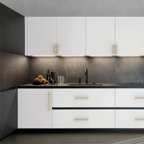 Premium Knurled Gold Cabinet Pulls Ten Pack Slick Seven Inch Center Metal Drawer Handles on modern kitchen cabinets.