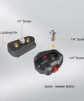 Compact Aluminum Quick Release Plate System with one quarter inch screw for Camera Tripods Gimbals, showing parts and assembly.