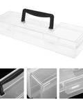 Heavy Duty Tool Box With Slick Divided Compartments And Secure Lid For Kickin Clutter Aside And Boss Organization Of Your Washi Tape And Stash Essentials, clear plastic case with black handle.