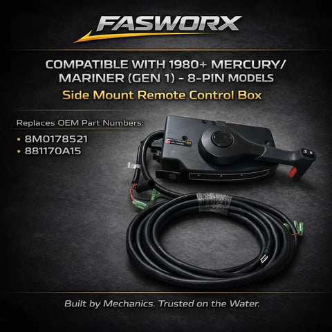 Throttle Control Box 881170A15 Side Mount Gen I for Outboards with 8 Pin 15 Ft Harness shown with included cables.