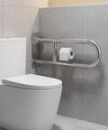 Flip Up Toilet Grab Bar With Built In Tissue Holder And Non Slip Knurled Grips Solid Bathroom Safety Rail Heavy Duty Support for easy access next to toilet.