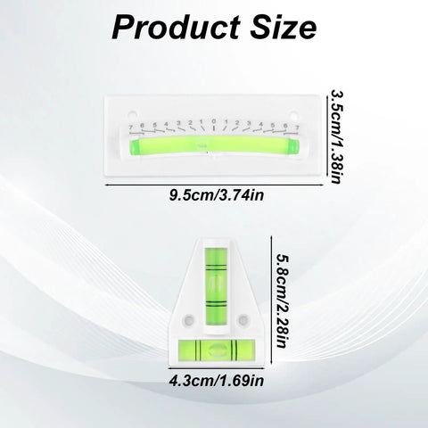 No Sweat Rv Bubble Level Kit For Camper Trailers And Travel Camping Gear Includes Two Rectangular And T Shape Gauges, size dimensions displayed.