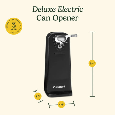 Reliable Automatic Electric Can Opener With Simple One Touch Activation And Secure Nonslip Base For No Sweat Everyday Kitchen Cooking And Canning Prep In Sleek Black, showing dimensions 9.4" height, 4.5" width.
