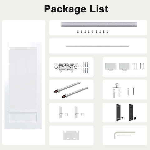 Package list for 36 by 84 Inch Concealed Sliding Barn Door Featuring Frosted Glass Panels and Hidden Hardware, includes all necessary parts.