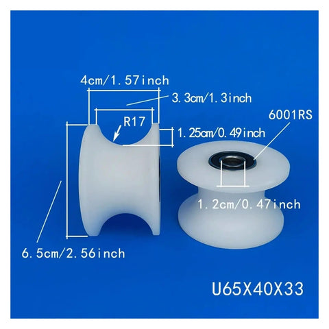 Built Tough Heavy Duty Nylon Sliding Door Track Rollers For Super Smooth Glide Reliable Fence Gate Track Wheels That Hold Up Real Well For Indoor Outdoor Use Four Pack Deal measurements on a blue background.