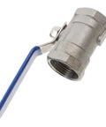Premium Stainless Steel Ball Valve With Internal Thread Manual Shutoff For Residential Plumbing Leak Free Male Threaded Pipe Connector side view with blue handle.
