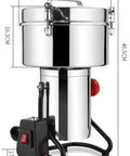 Electric Grain Grinder 4500G Beast Power Heavy Duty Pulverizer with dimensions, stainless steel, for home kitchen use.