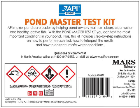 POND MASTER TEST KIT by API, includes instructions for testing pond conditions, safety warnings, and barcode.