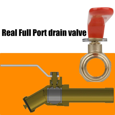 Heavy Duty Water Heater Drain Valve Three Quarter MIP To Three Quarter Male GHT Full Port Connection with red handle and diagram