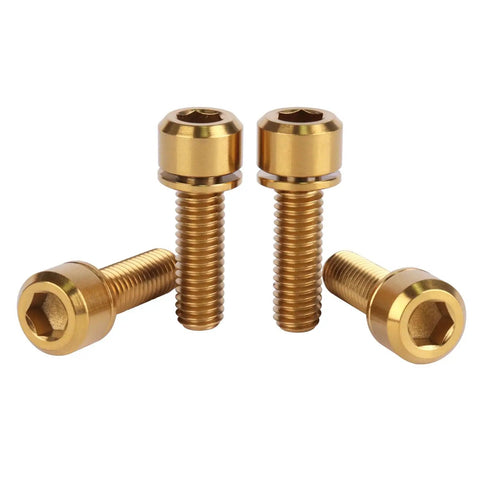 Top Shelf Titanium Bike Bolts M6 Hex Socket Screws Pack Of Four Gold Anodized High Strength Corrosion Resistant Cycle Hardware For mountain and road rides, featuring shiny gold finishing.